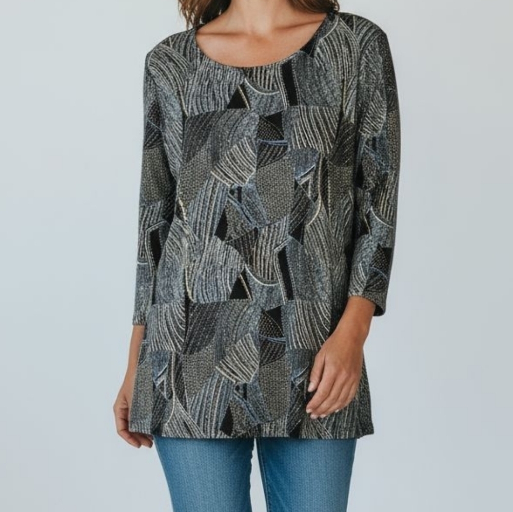 JM Collection Black and Gray Leaf Print Tunic